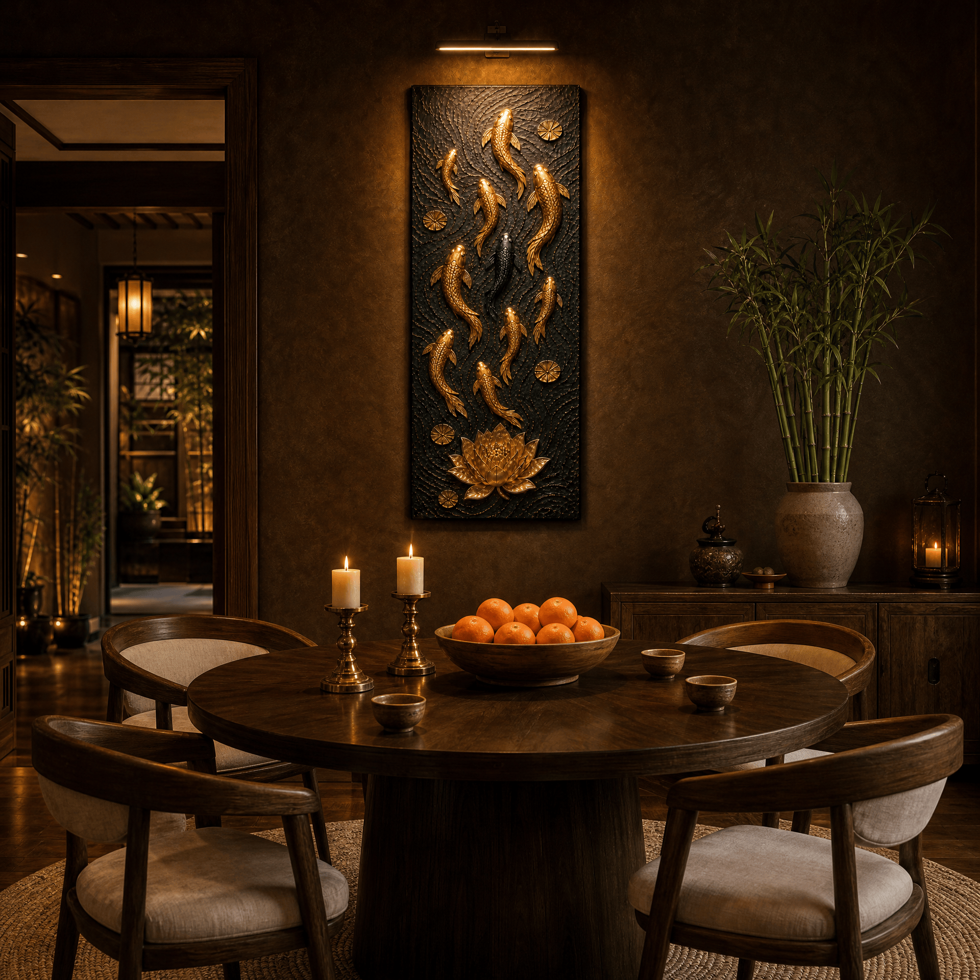 Gold koi fish canvas on a warm plaster wall in a moody dining room