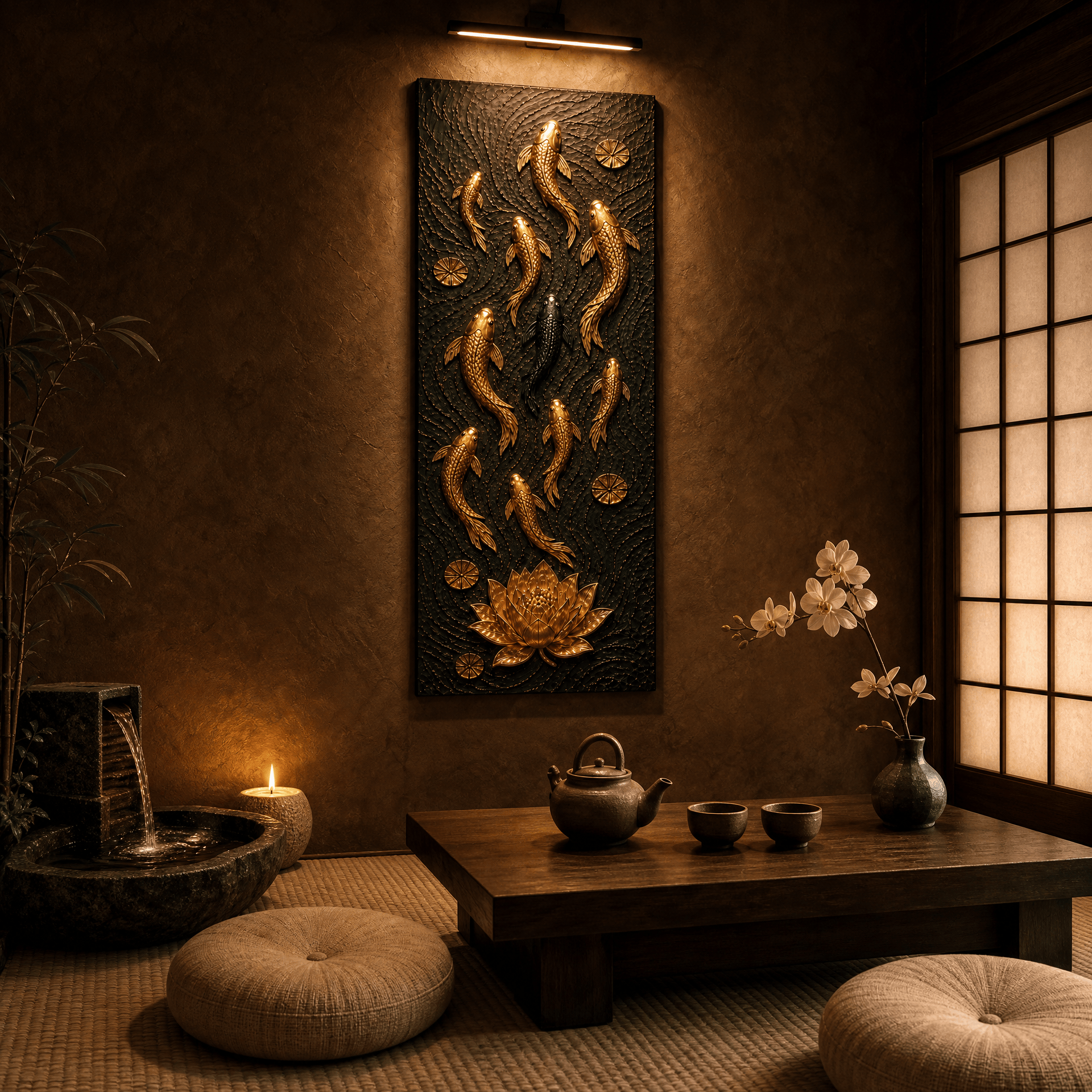 Textured koi and lotus canvas in a calm meditation space