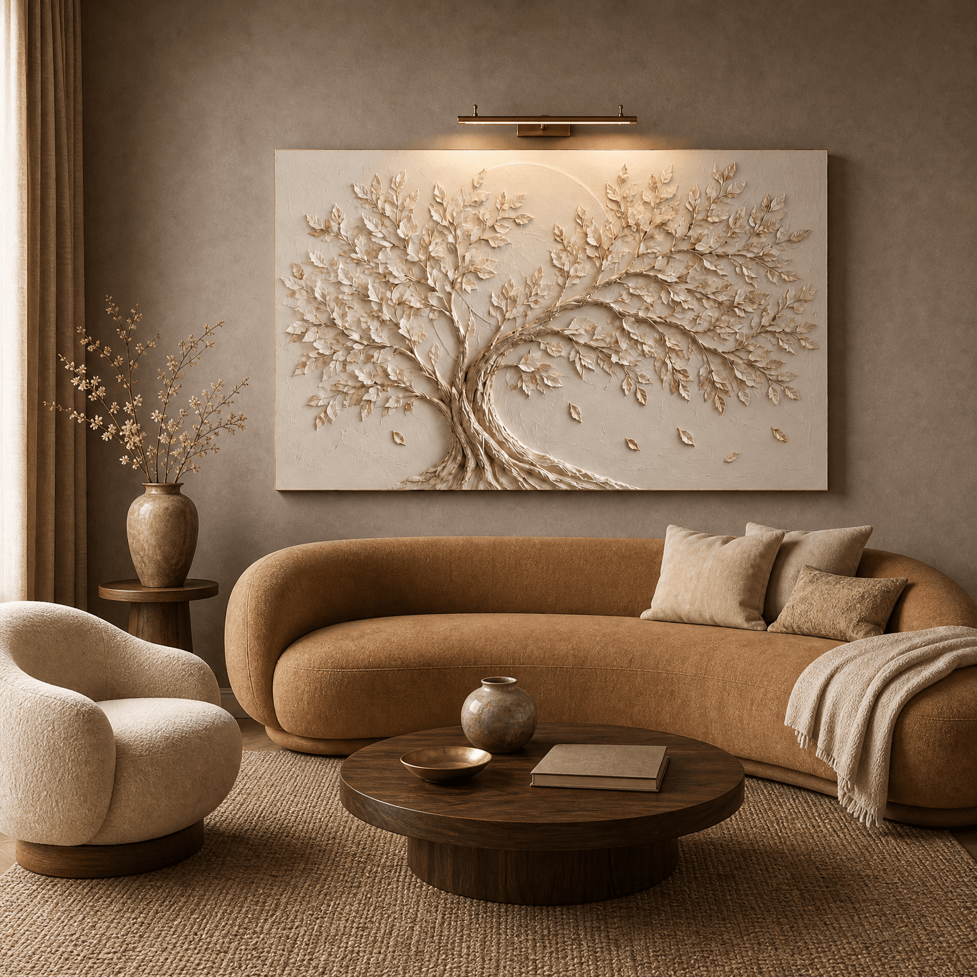 Golden tree of life textured relief canvas in cream and gold above a curved tan sofa in a warm neutral living room