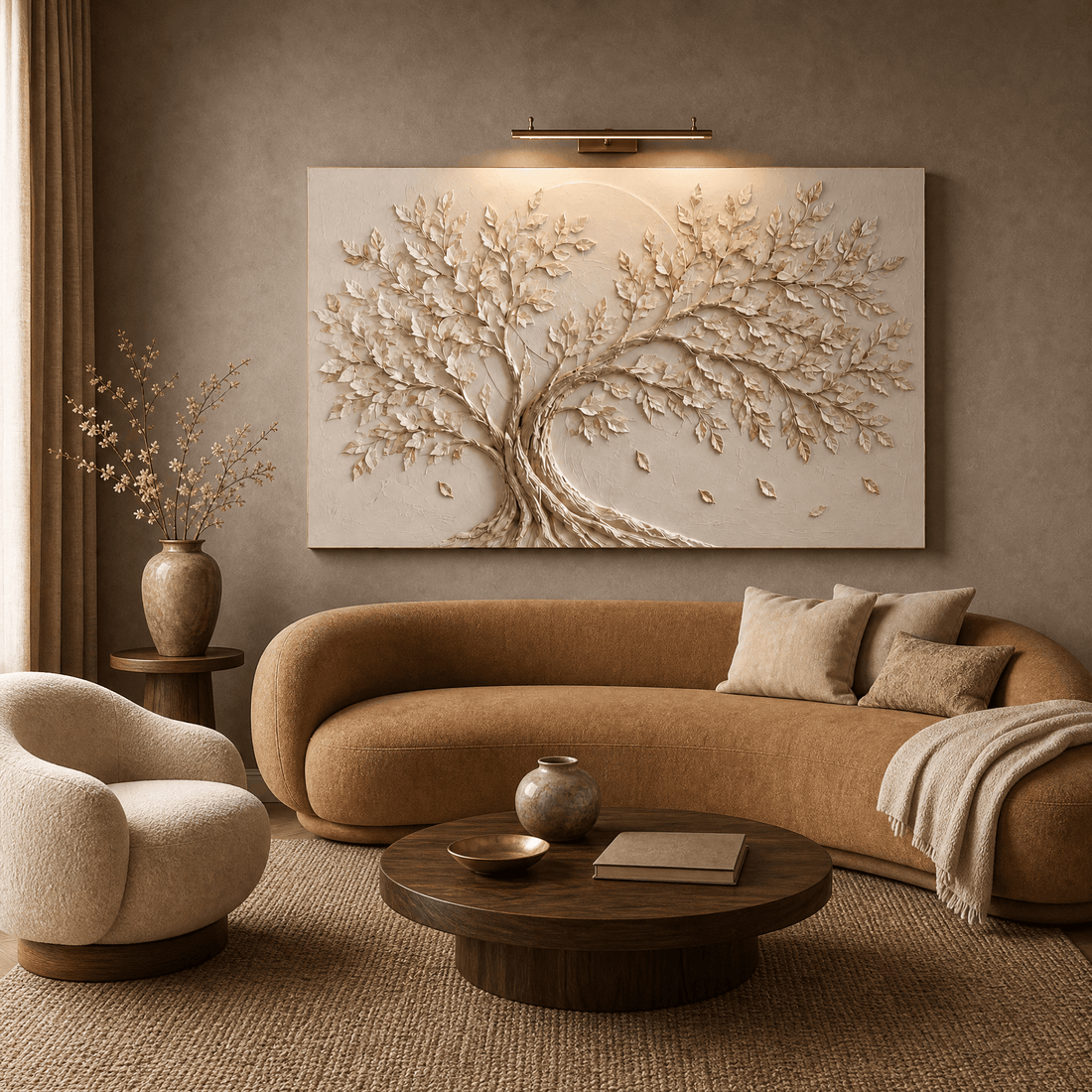 Golden tree of life textured relief canvas in cream and gold above a curved tan sofa in a warm neutral living room