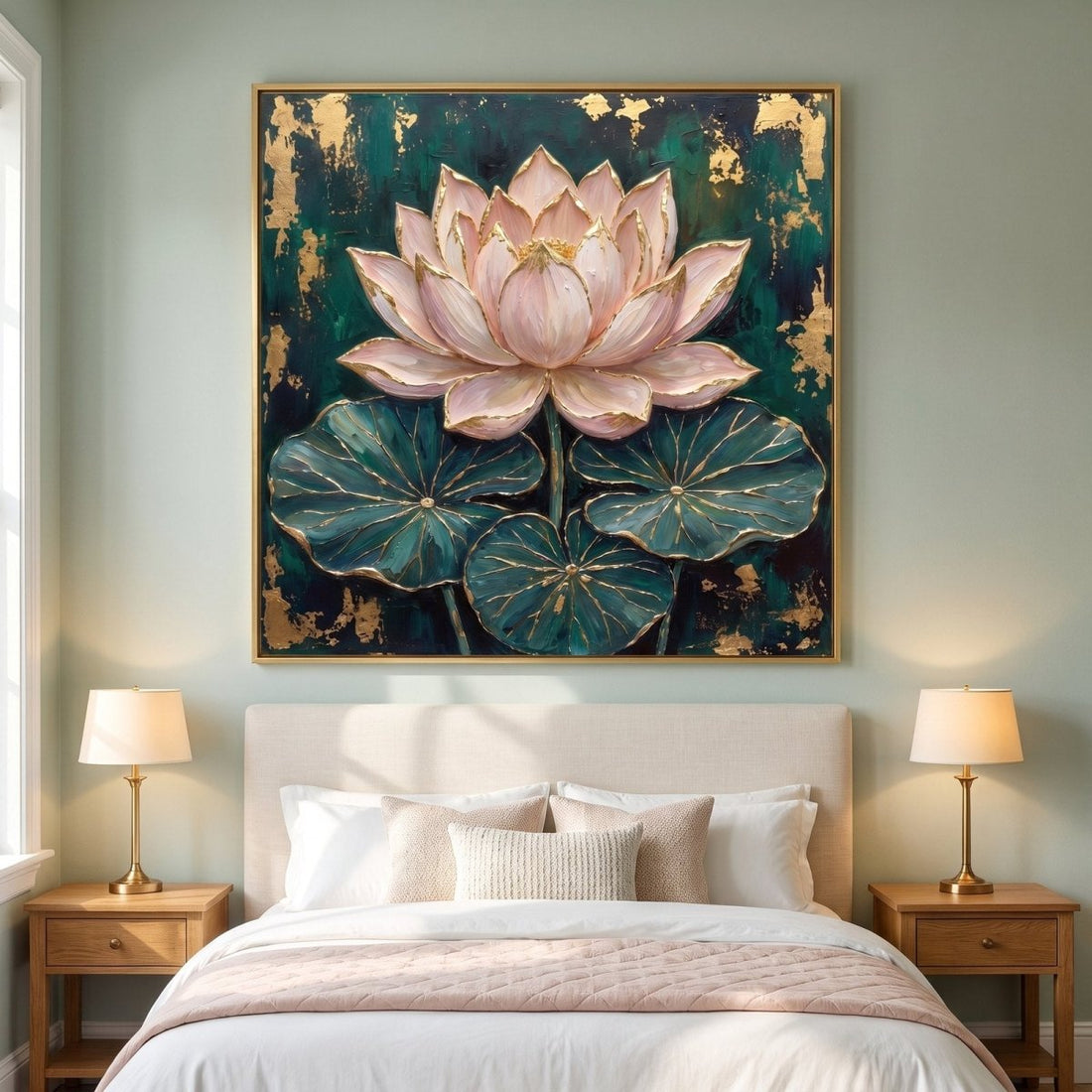 Lotus Wall Art – Oversized Blush Pink, Emerald and Gold Lotus Flower Textured Look Canvas for Living Room - Sense for Decor