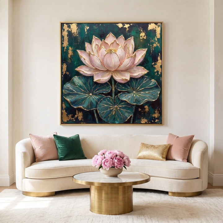 Lotus Wall Art – Oversized Blush Pink, Emerald and Gold Lotus Flower Textured Look Canvas for Living Room - Sense for Decor