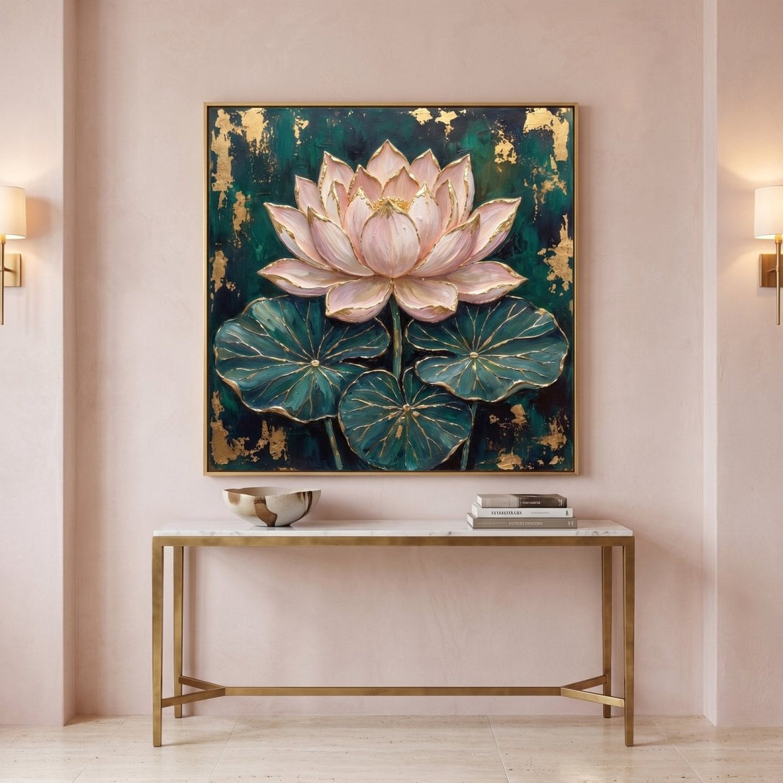 Lotus Wall Art – Oversized Blush Pink, Emerald and Gold Lotus Flower Textured Look Canvas for Living Room - Sense for Decor