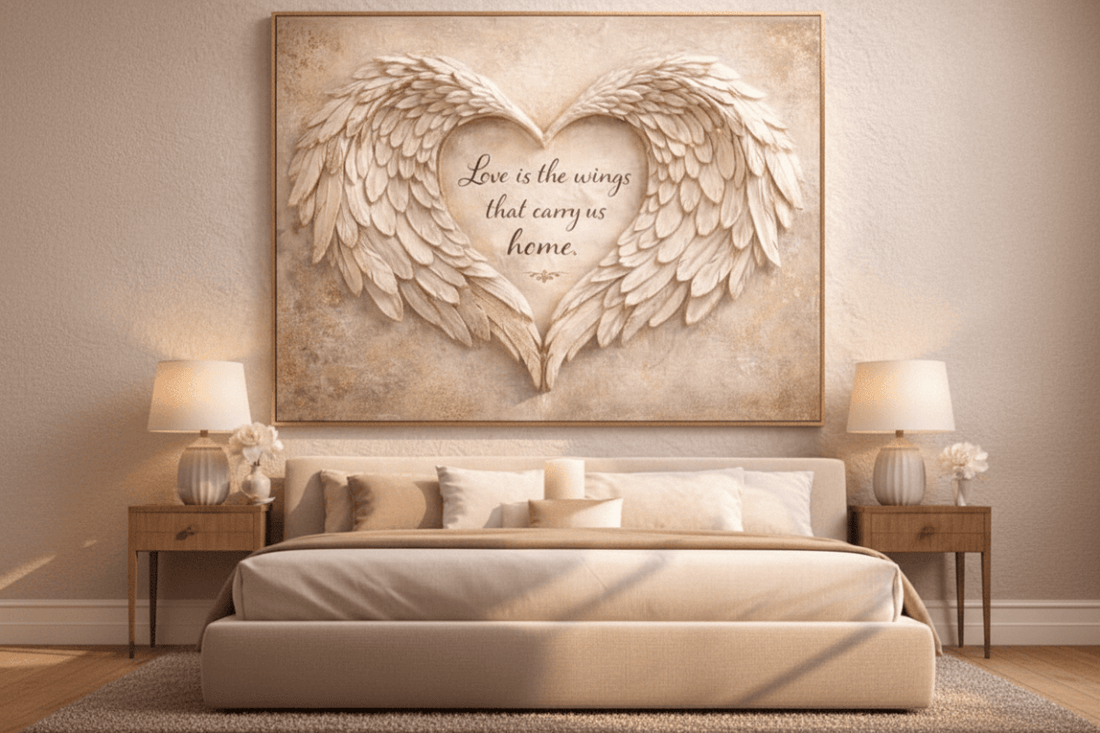 Love Is The Wings That Carry Us Home Wall Art - 3D Angel Wing Heart Canvas with Gold Leaf Texture - Sense for Decor