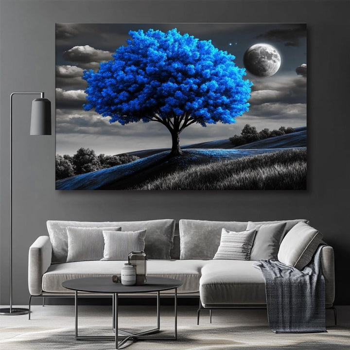 Lunar Dream – Blue Tree Moonlight Wall Art Canvas - Sense for Decor