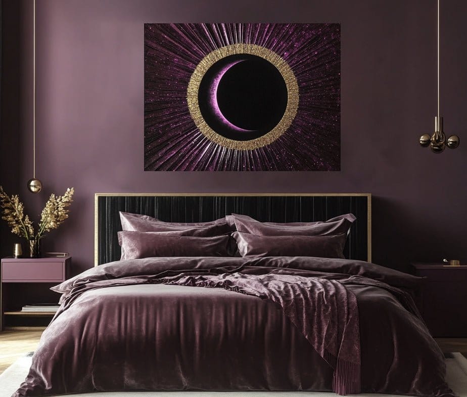 Lunar Majesty – Purple and Gold Crescent Moon Canvas Wall Art - Sense for Decor