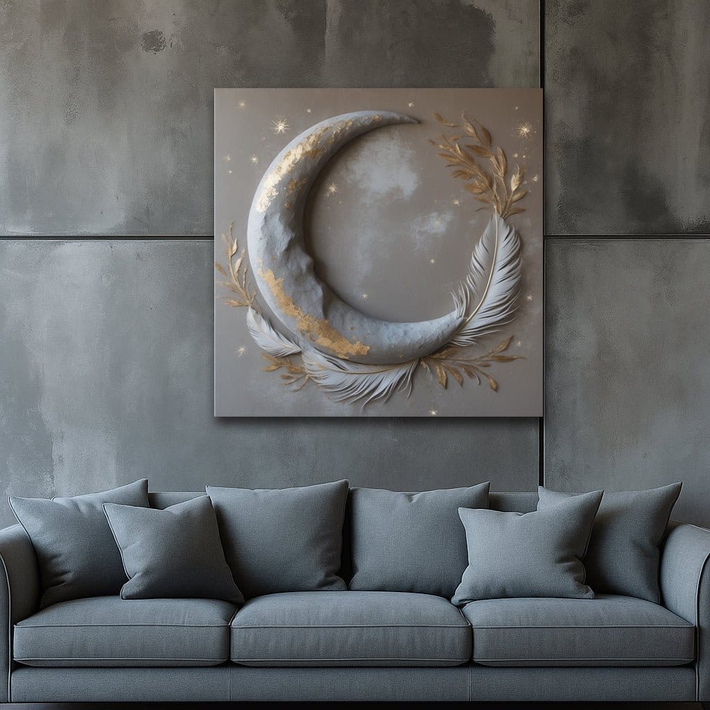 Lunar Serenity Crescent Moon & Feather Canvas Print - Sense for Decor