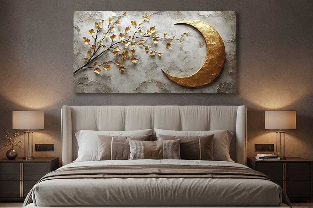 Lunar Serenity Wall Art – Golden Crescent and Blossoming Branch - Sense for Decor