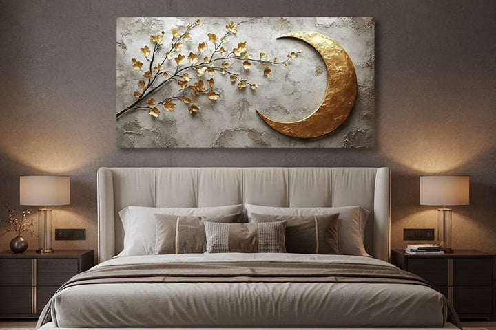 Lunar Serenity Wall Art – Golden Crescent and Blossoming Branch - Sense for Decor