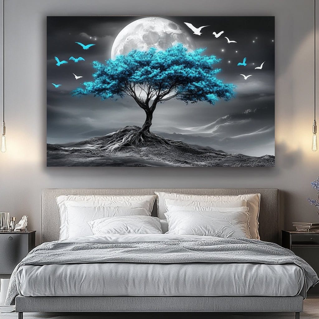 Lunar Tranquility V2 – Blue Tree Under Full Moon Wall Art | Modern Bedroom Decor - Sense for Decor