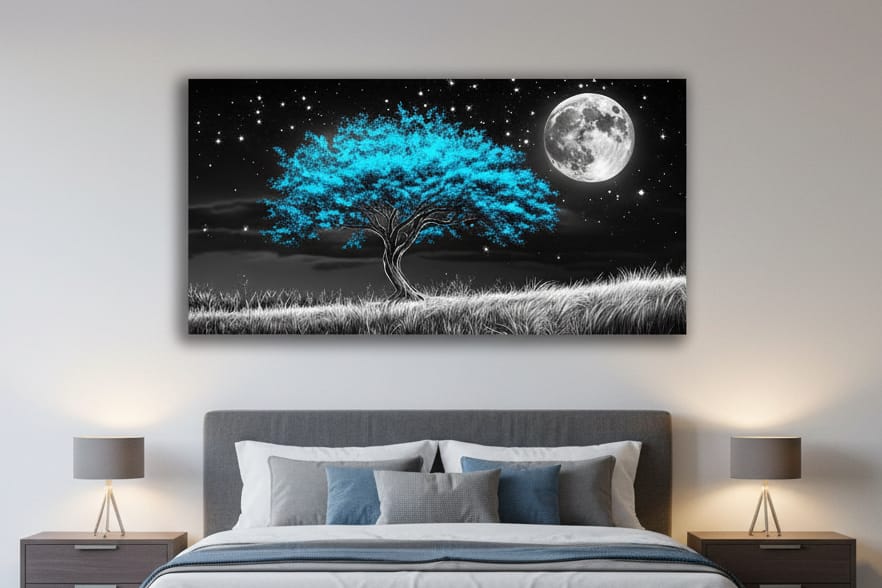 Lunar Tranquility V3 | Starry Night Tree and Full Moon Wall Art | Elegant Canvas for Modern Interiors - Sense for Decor