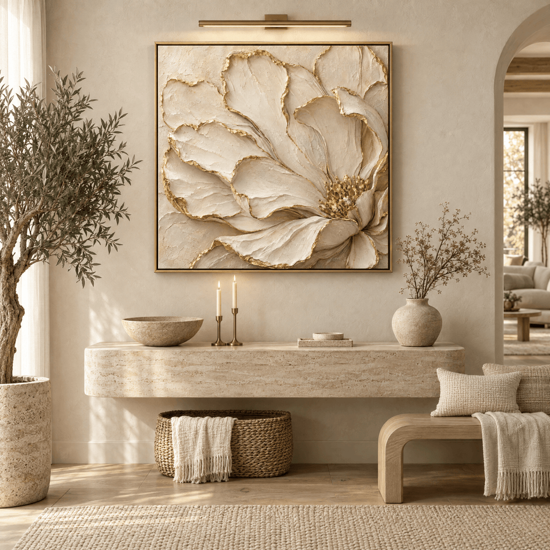 Luxury Cream and Gold Flower Wall Art – Oversized Textured Look Canvas for Bedroom and Living Room - Sense for Decor