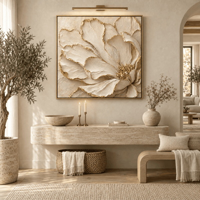 Luxury Cream and Gold Flower Wall Art – Oversized Textured Look Canvas for Bedroom and Living Room - Sense for Decor