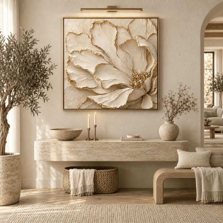 Luxury Cream and Gold Flower Wall Art – Oversized Textured Look Canvas for Bedroom and Living Room - Sense for Decor
