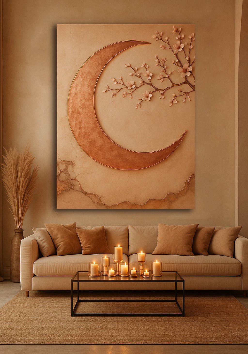 Luxury Crescent Moon Canvas Wall Decor – Illuminated Gold and Grey Artwork - Sense for Decor