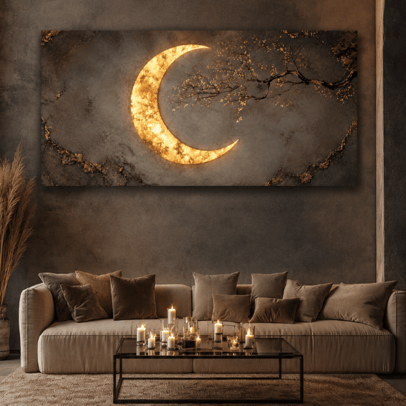 Luxury Crescent Moon Canvas Wall Decor – Illuminated Gold and Grey Artwork - Sense for Decor