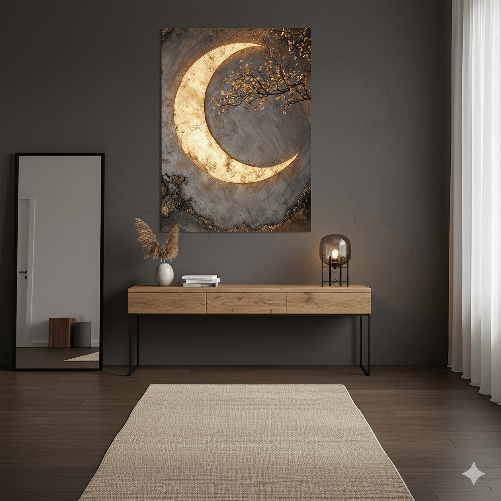 Luxury Crescent Moon Canvas Wall Decor – Illuminated Gold and Grey Artwork - Sense for Decor