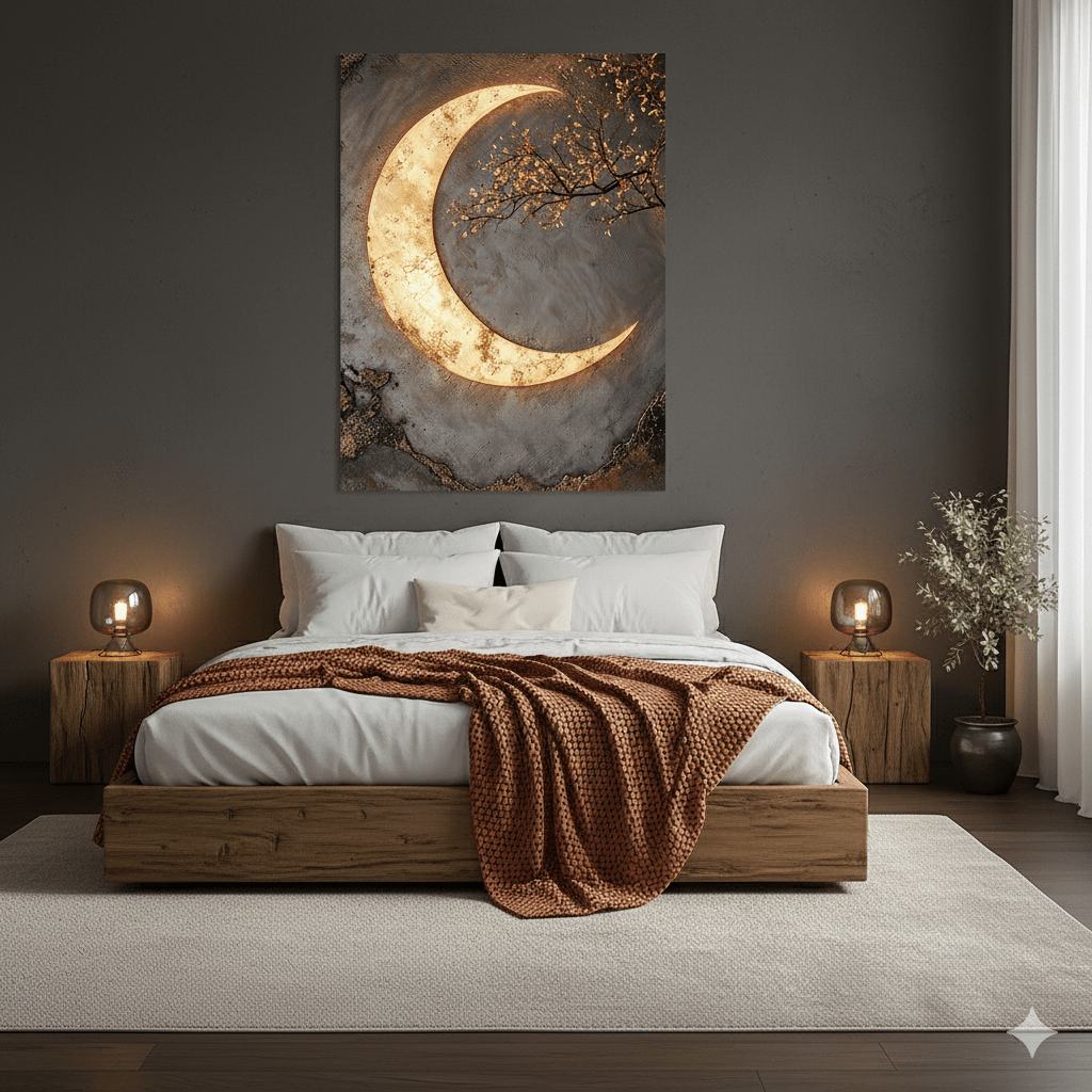Luxury Crescent Moon Canvas Wall Decor – Illuminated Gold and Grey Artwork - Sense for Decor