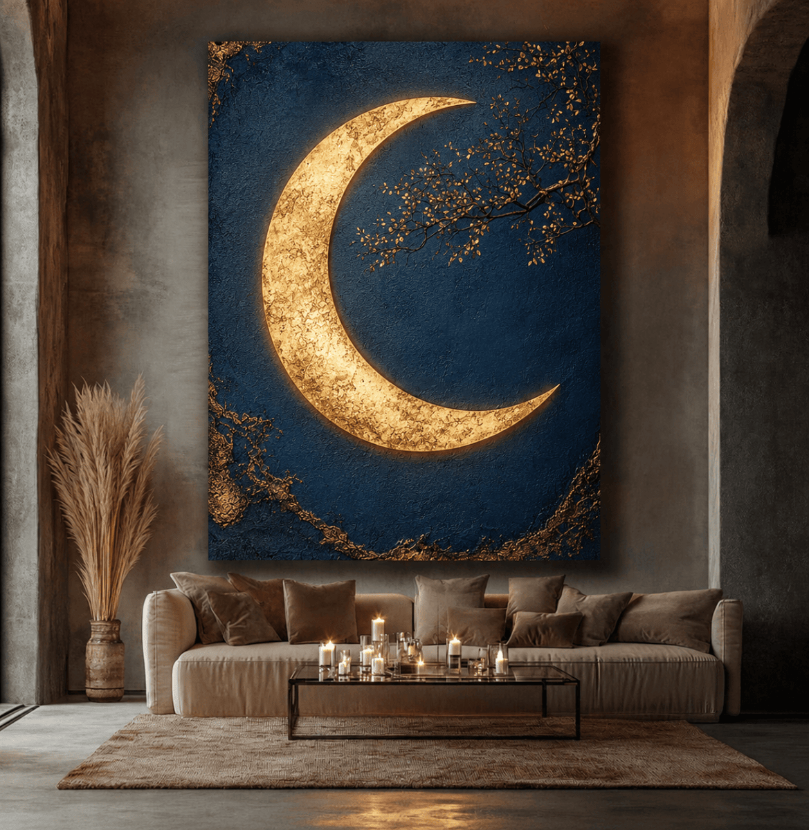 Luxury Crescent Moon Canvas Wall Decor – Illuminated Gold and Grey Artwork - Sense for Decor