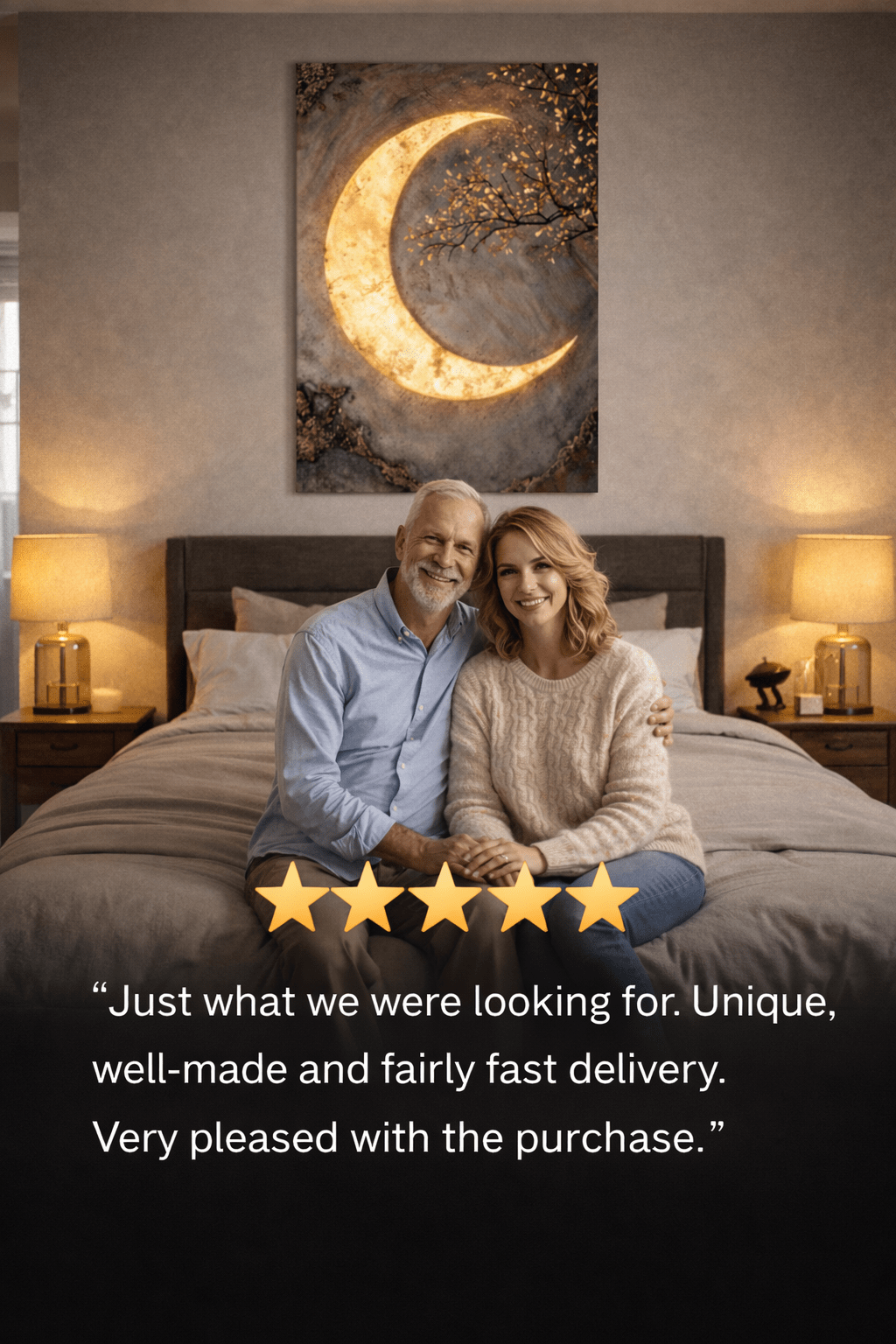 Luxury Crescent Moon Canvas Wall Decor – Illuminated Gold and Grey Artwork - Sense for Decor