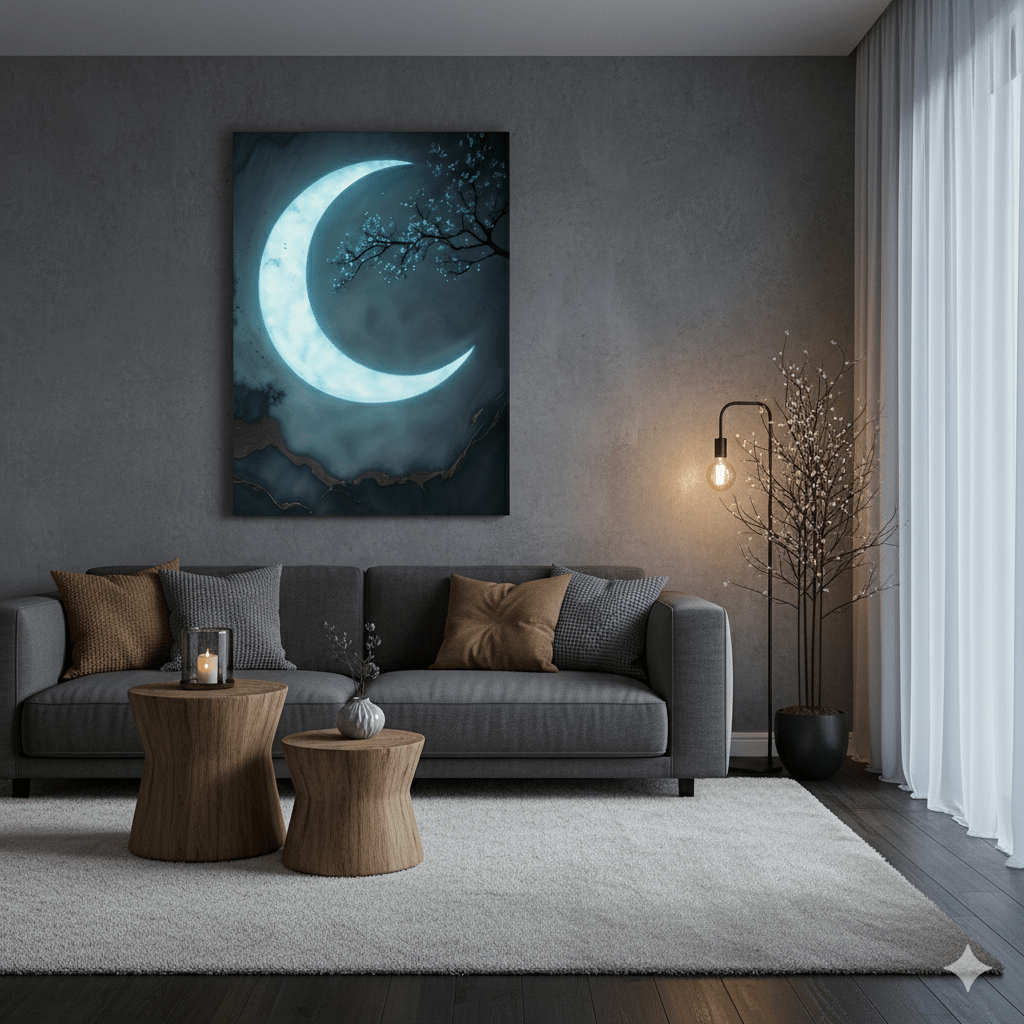 Luxury Crescent Moon Canvas Wall Decor – Illuminated Gold and Grey Artwork - Sense for Decor