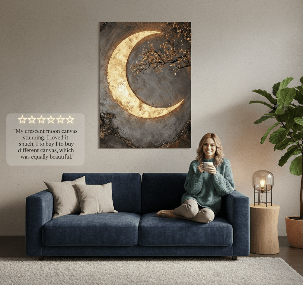 Luxury Crescent Moon Canvas Wall Decor – Illuminated Gold and Grey Artwork - Sense for Decor