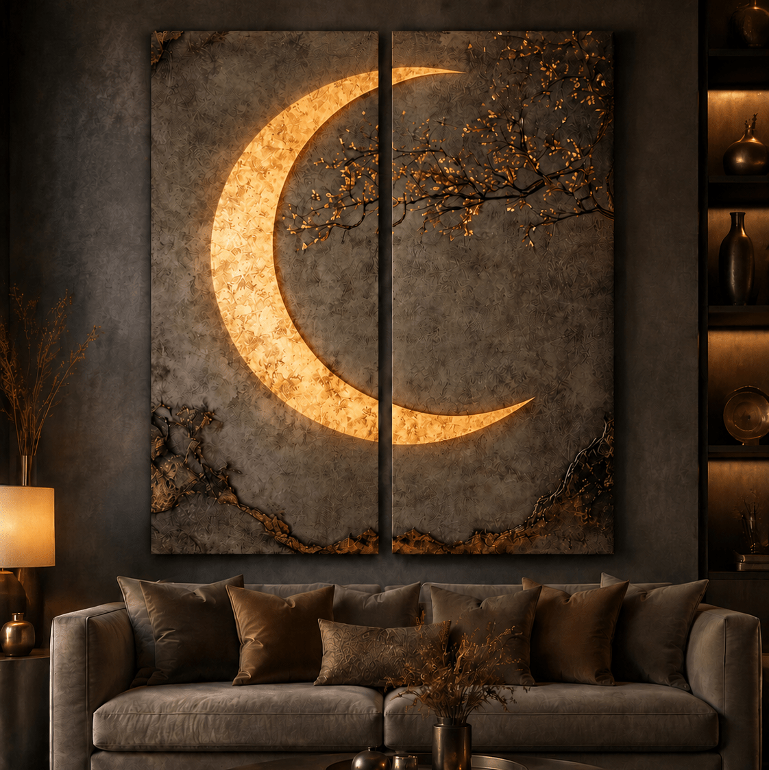 Luxury Crescent Moon Canvas Wall Decor – Illuminated Gold and Grey Artwork - Sense for Decor