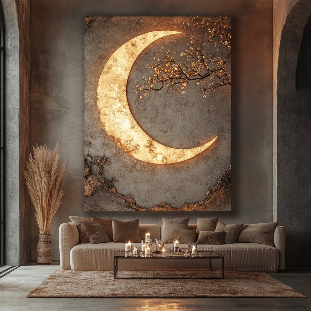 Luxury Crescent Moon Canvas Wall Decor – Illuminated Gold and Grey Artwork - Sense for Decor