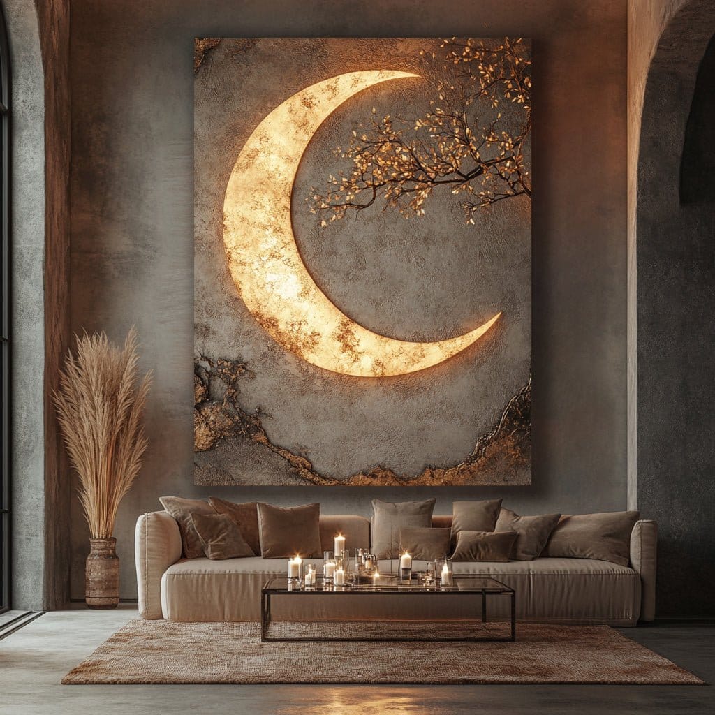 Luxury Crescent Moon Canvas Wall Decor – Illuminated Gold and Grey Artwork - Sense for Decor