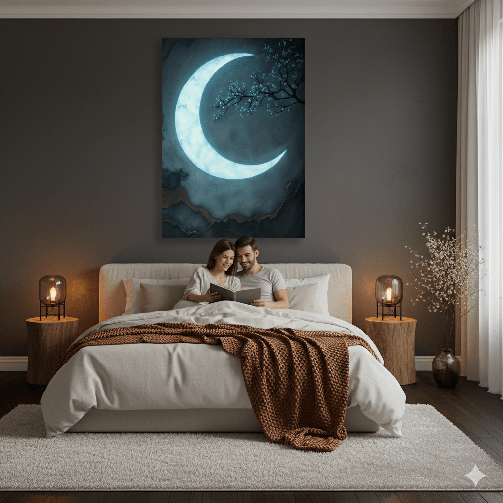 Luxury Crescent Moon Canvas Wall Decor – Illuminated Gold and Grey Artwork - Sense for Decor