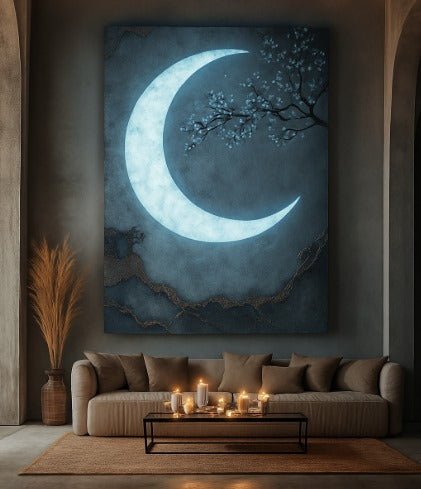 Luxury Crescent Moon Canvas Wall Decor – Illuminated Gold and Grey Artwork - Sense for Decor