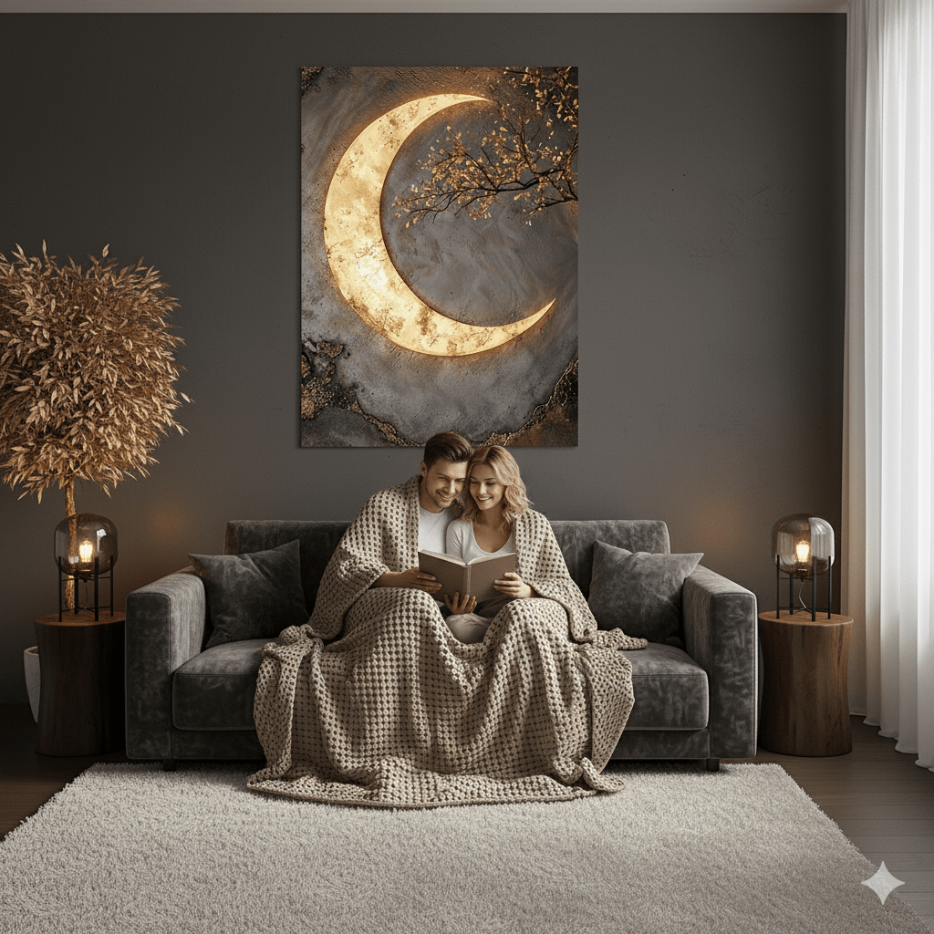 Luxury Crescent Moon Canvas Wall Decor – Illuminated Gold and Grey Artwork - Sense for Decor