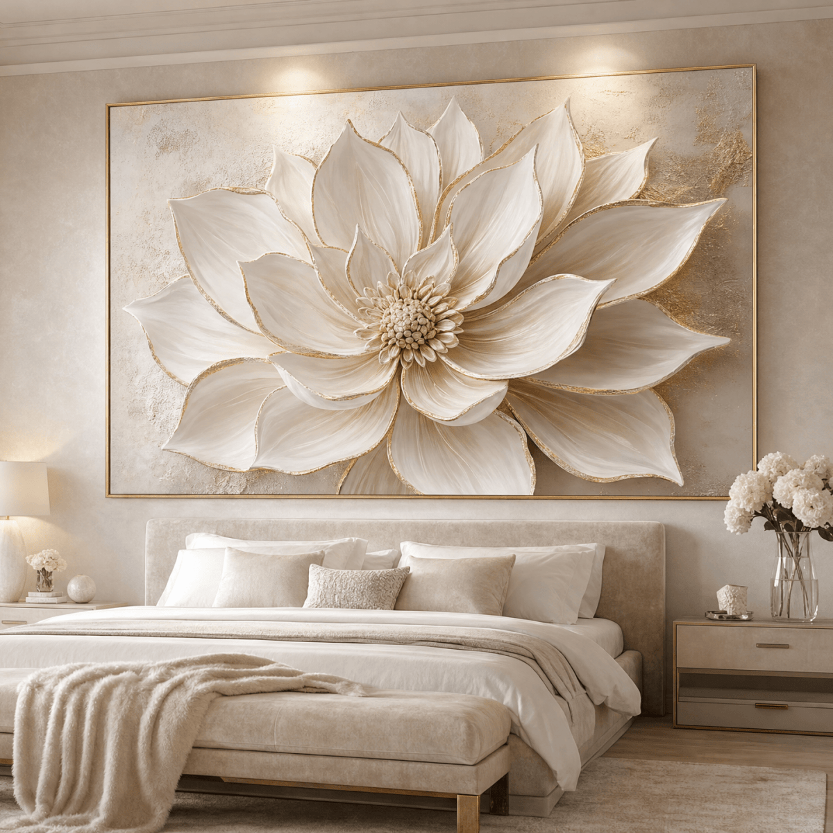 Luxury Flower Wall Art – Oversized Neutral Canvas with Beige and Gold Petals - Sense for Decor