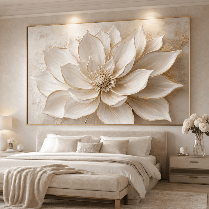 Luxury Flower Wall Art – Oversized Neutral Canvas with Beige and Gold Petals - Sense for Decor