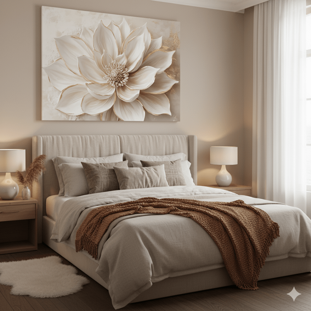 Luxury Flower Wall Art – Oversized Neutral Canvas with Beige and Gold Petals - Sense for Decor