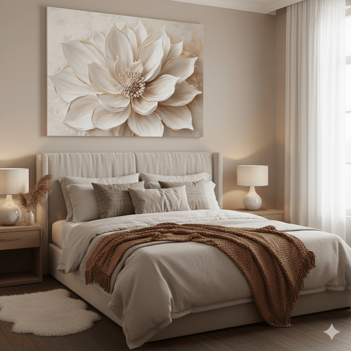 Luxury Flower Wall Art – Oversized Neutral Canvas with Beige and Gold Petals - Sense for Decor