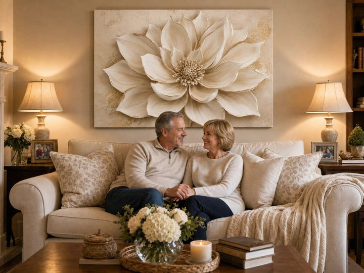 Luxury Flower Wall Art – Oversized Neutral Canvas with Beige and Gold Petals - Sense for Decor