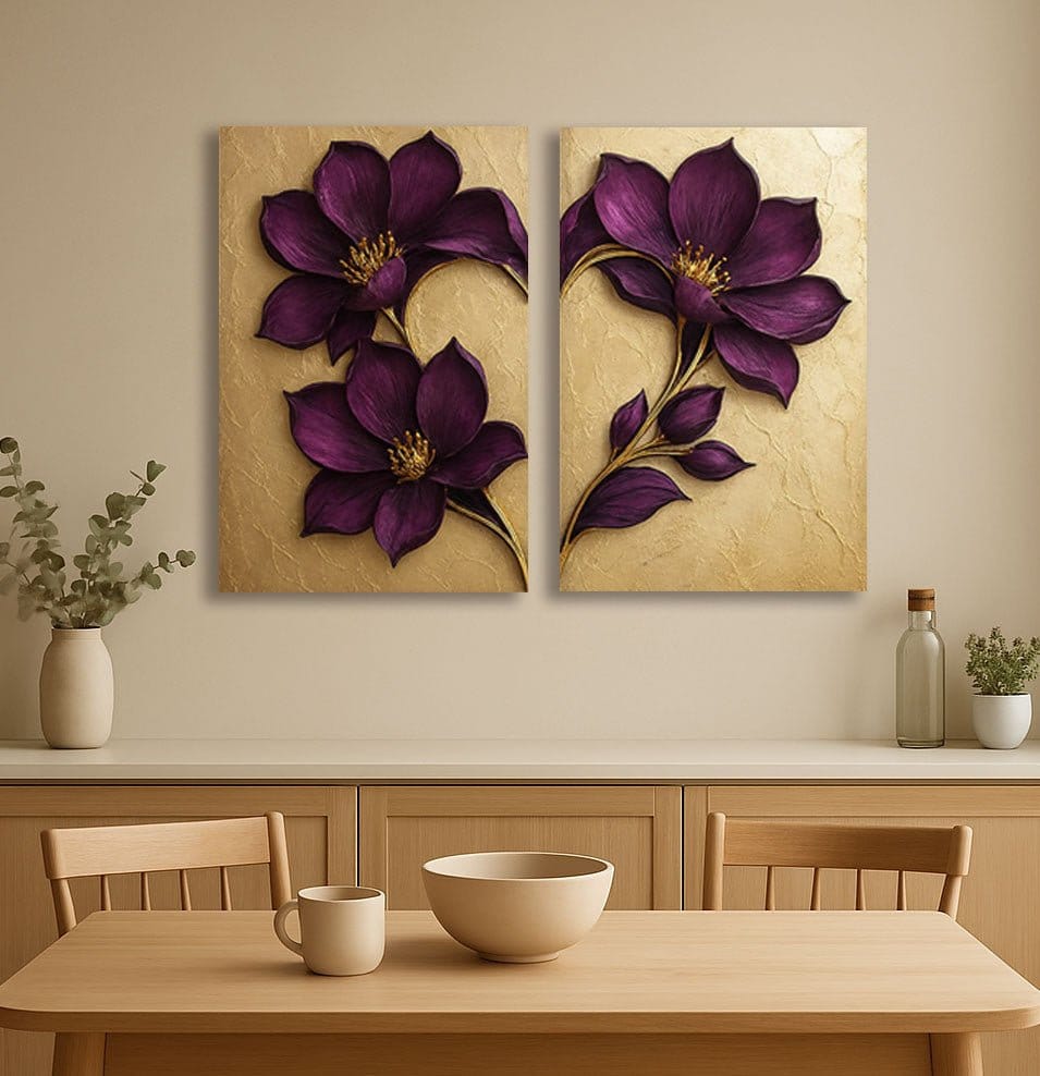 Luxury Purple Floral Wall Art Set 2 Panel Botanical Canvas Print on Gold Background - Sense for Decor