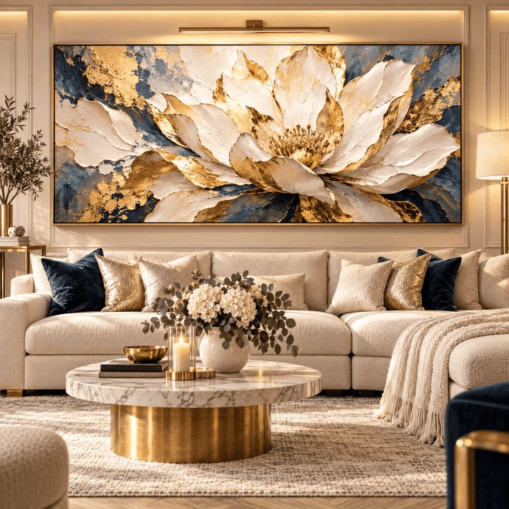 Luxury White and Gold Flower Wall Art – Oversized Navy Blue Textured Look Canvas for Living Room - Sense for Decor
