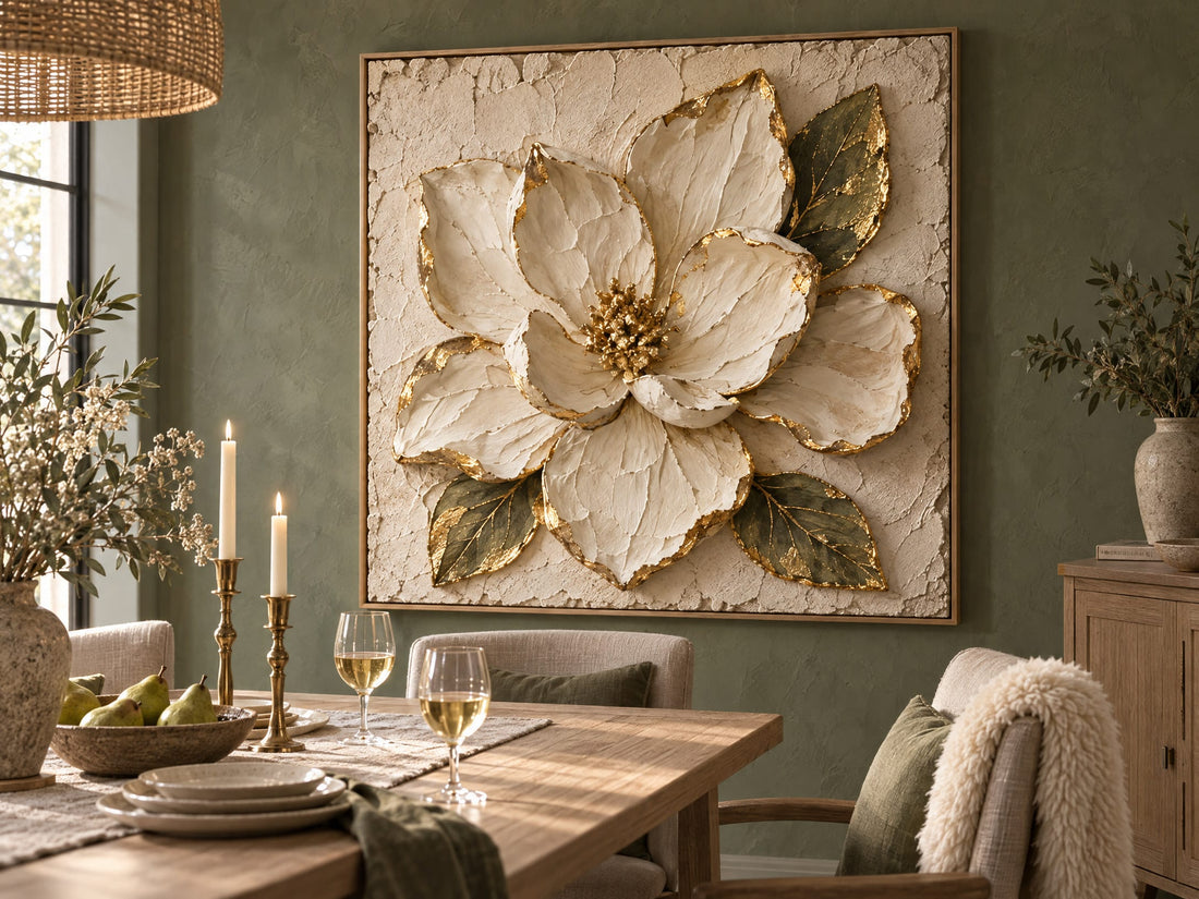 Magnolia canvas with olive leaves on a sage wall above a dining table