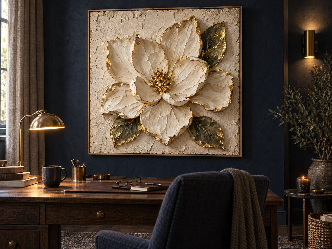 Magnolia canvas on a navy wall above a wooden desk in a study