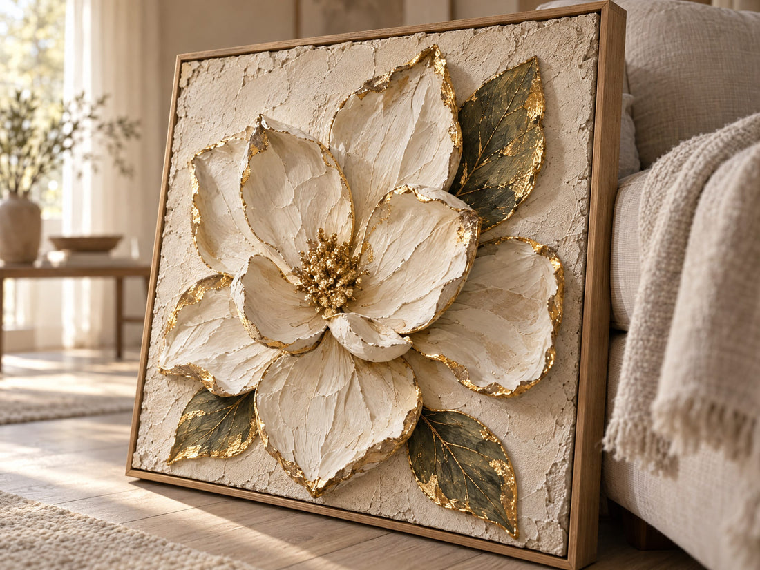 Close up of the carved magnolia petals and their torn gold edges