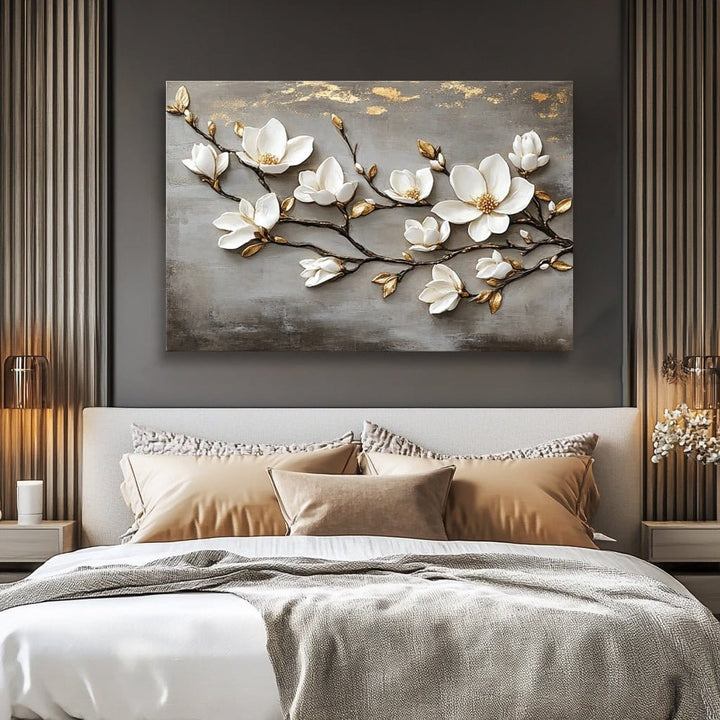Magnolia Blossom Wall Art – White & Gold Floral Canvas for Bedroom or Elegant Decor - Sense for Decor