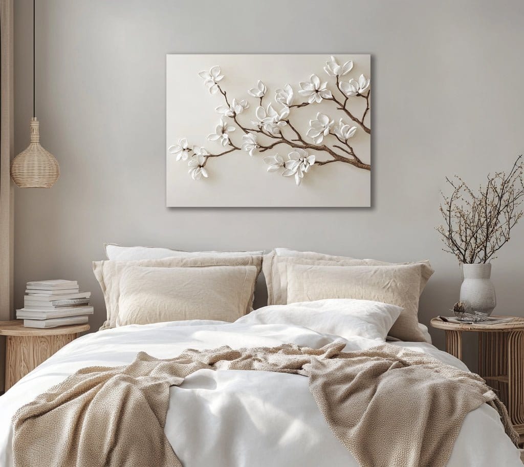 Magnolia Branch Wall Art – Elegant Floral Canvas for Neutral Bedroom Decor - Sense for Decor