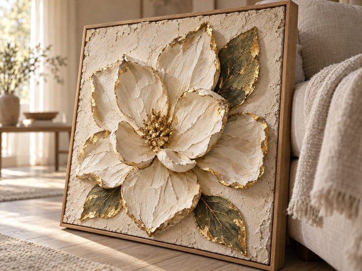 Magnolia Wall Art – Oversized Cream and Gold Textured Look Canvas for Bedroom and Living Room - Sense for Decor