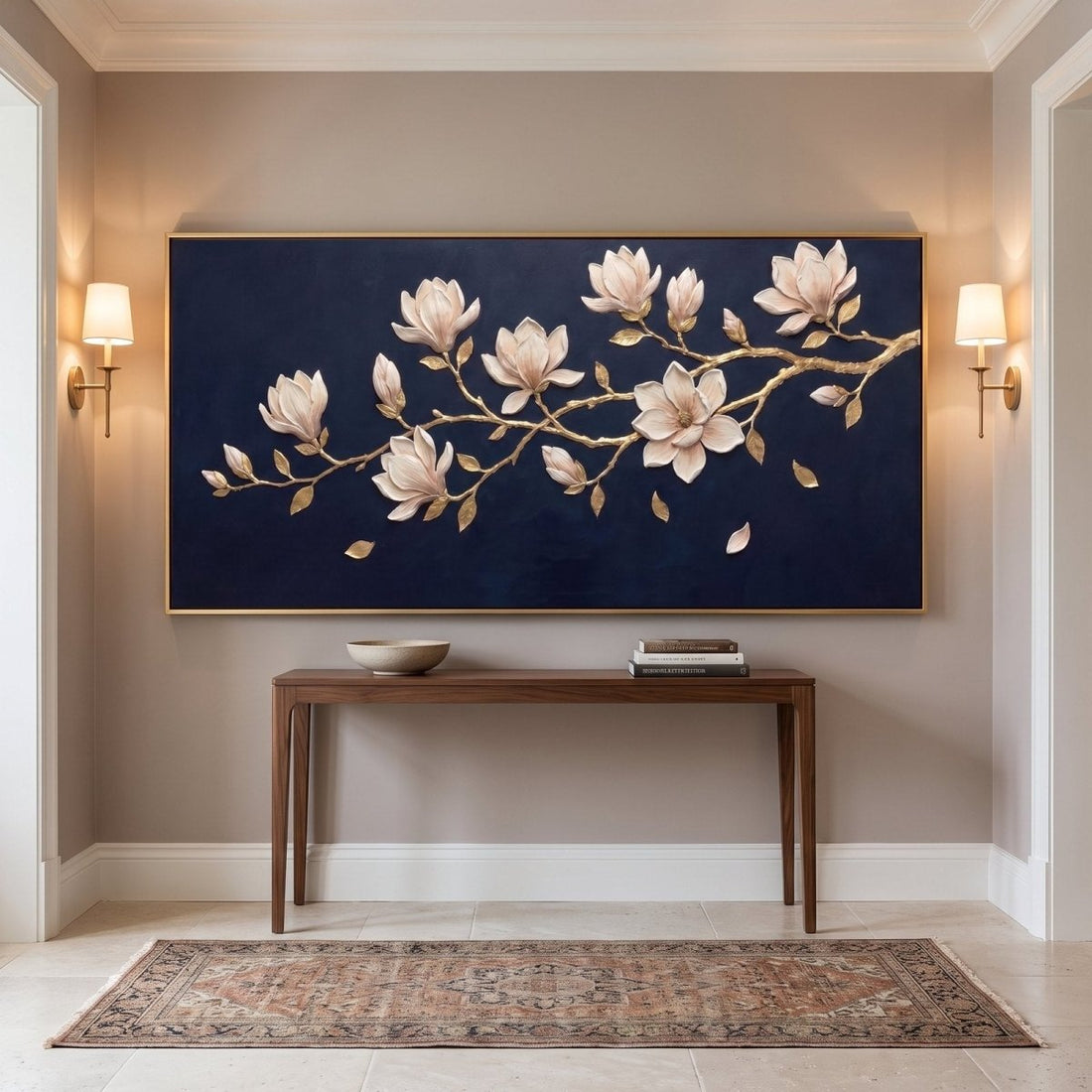 Magnolia Wall Art – Oversized Navy Blue, Blush and Gold Panoramic Blossom Branch Textured Look Canvas for Living Room - Sense for Decor