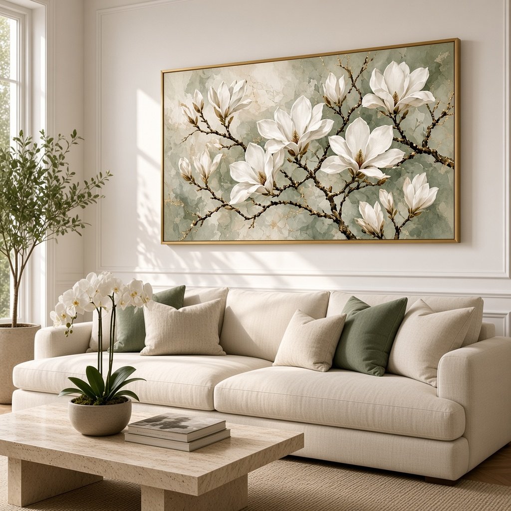 Magnolia Wall Art – Oversized Panoramic Sage Green and White Blossom Textured Look Canvas for Living Room - Sense for Decor