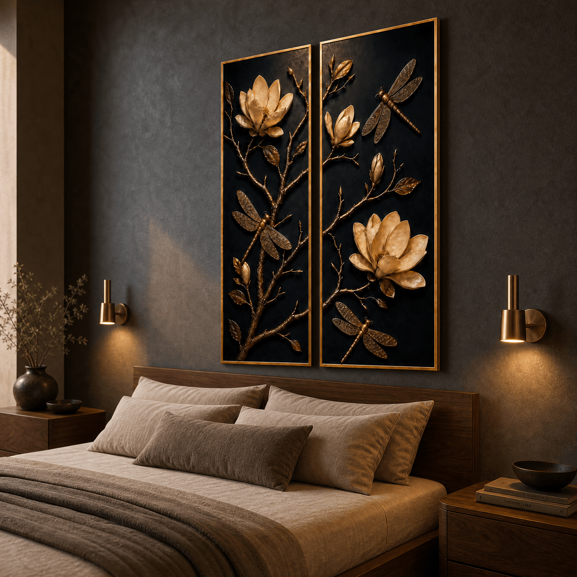 Gold Magnolia and Dragonfly Wall Art – Luxury 2 Panel Sculptural Canvas Set