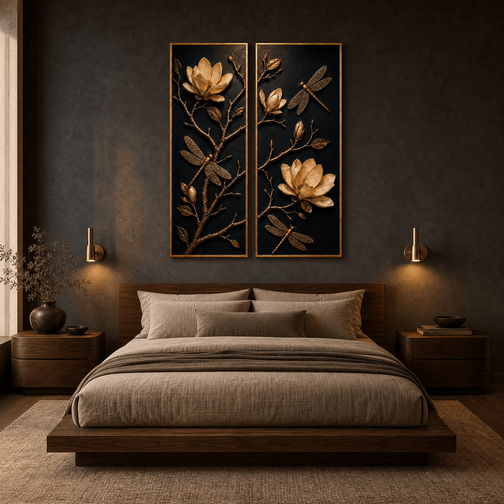 Gold Magnolia and Dragonfly Wall Art – Luxury 2 Panel Sculptural Canvas Set