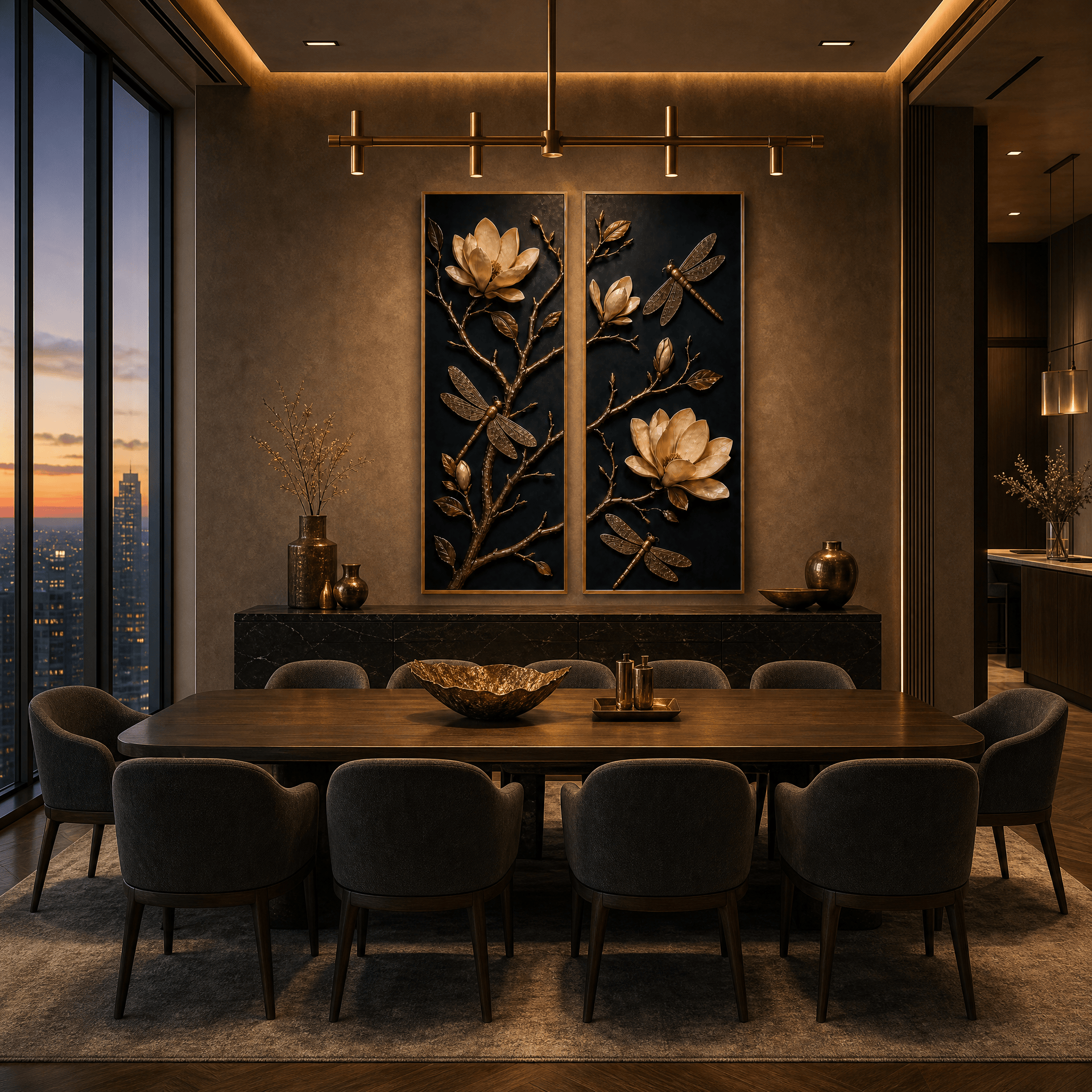 Gold Magnolia and Dragonfly Wall Art – Luxury 2 Panel Sculptural Canvas Set